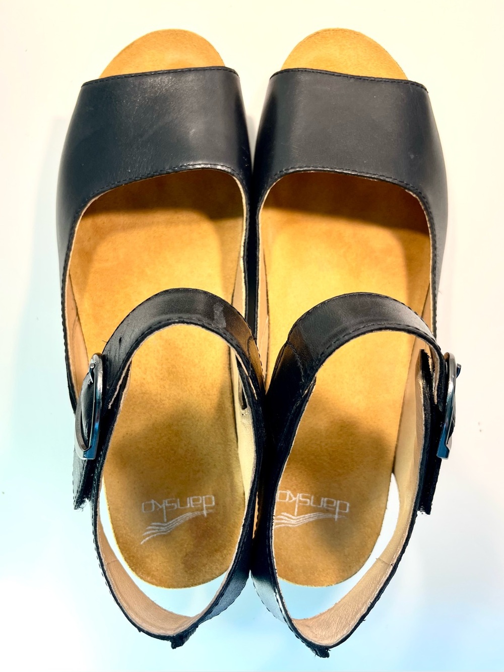 Dansko Tiana Black Women's Peep-Toe Wedge Sandals with Ankle Strap - Picture 5 of 9